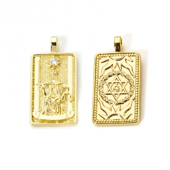 Imagen de 1 Piece Eco-friendly Brass Tarot Pendants 18K Real Gold Plated Rectangle Justice Double Sided 3cm x 1.5cm