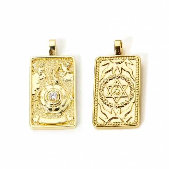 Imagen de 1 Piece Eco-friendly Brass Tarot Pendants 18K Real Gold Plated Rectangle The Wheel of Fortune Double Sided 3cm x 1.5cm