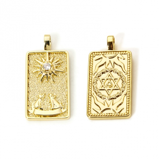 Imagen de 1 Piece Eco-friendly Brass Tarot Pendants 18K Real Gold Plated Rectangle Moon Double Sided 3cm x 1.5cm