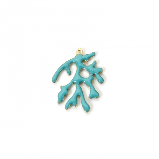 Изображение 5 PCs Brass Enamelled Sequins Charms Brass Color Lake Blue Coral Enamel 20mm x 15mm