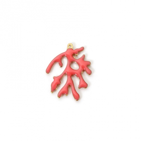 Изображение 5 PCs Brass Enamelled Sequins Charms Brass Color Pink Coral Enamel 20mm x 15mm