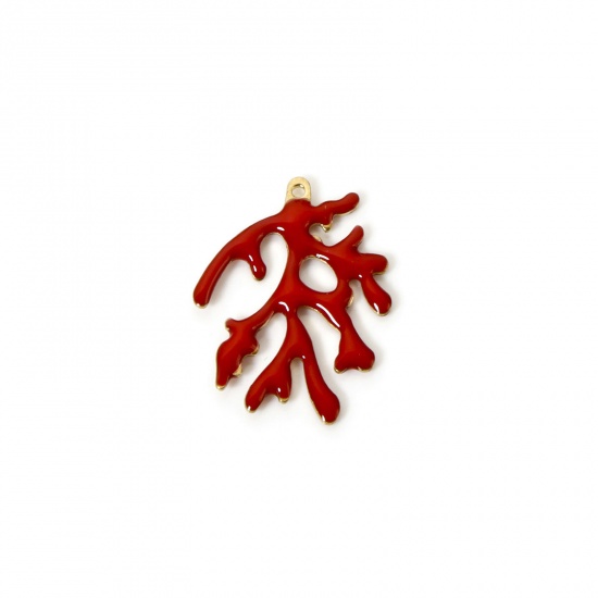 Изображение 5 PCs Brass Enamelled Sequins Charms Brass Color Red Coral Enamel 20mm x 15mm