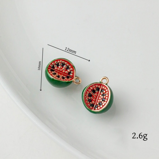 Picture of 2 PCs Brass Charms 18K Gold Plated Multicolor Fruit Watermelon Fruit Enamel 12mm x 10mm