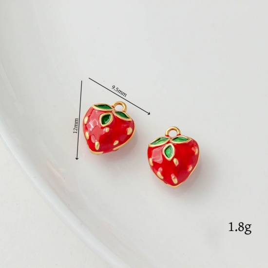 Picture of 2 PCs Brass Charms 18K Gold Plated Red & Green Fruit Strawberry Fruit Enamel 12mm x 9.5mm