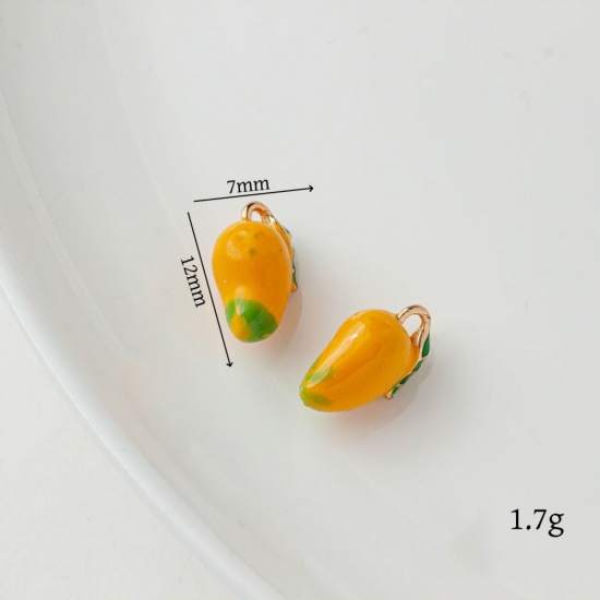 Picture of 2 PCs Brass Charms 18K Gold Plated Green & Yellow Mango Fruit Enamel 12mm x 7mm