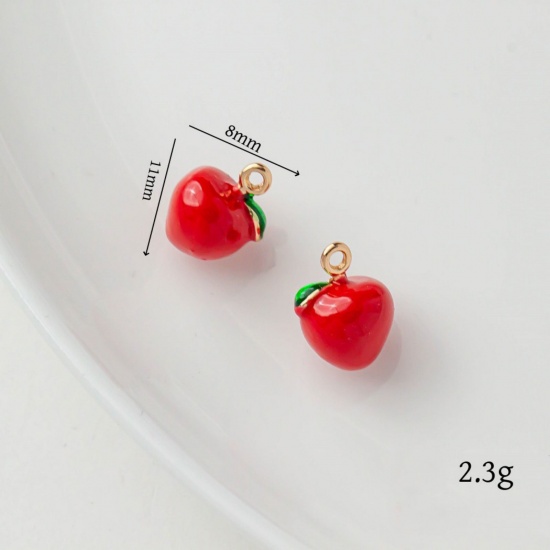 Picture of 2 PCs Brass Charms 18K Gold Plated Red & Green Cherry Tomatoes Enamel 11mm x 8mm