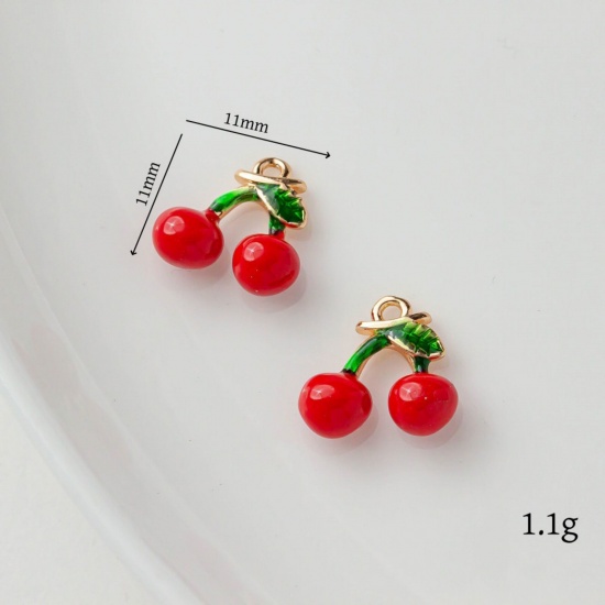 Picture of 2 PCs Brass Charms 18K Gold Plated Red & Green Cherry Fruit Enamel 11mm x 11mm