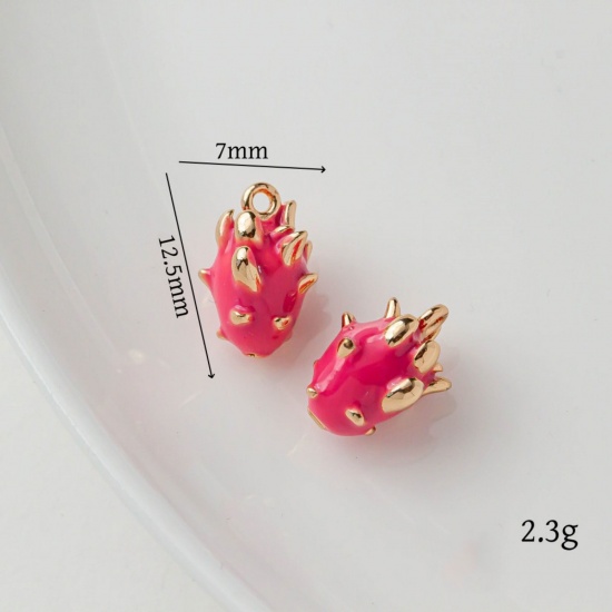 Picture of 2 PCs Brass Charms 18K Gold Plated Fuchsia Pitaya Fruit Enamel 12.5mm x 7mm