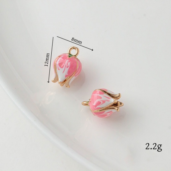 Picture of 2 PCs Brass Charms 18K Gold Plated White & Pink Lily Of The Valley Flower Enamel