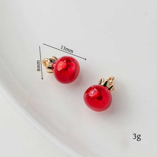 Picture of 2 PCs Brass Charms 18K Gold Plated Red & Green Pomegranate Fruit Enamel