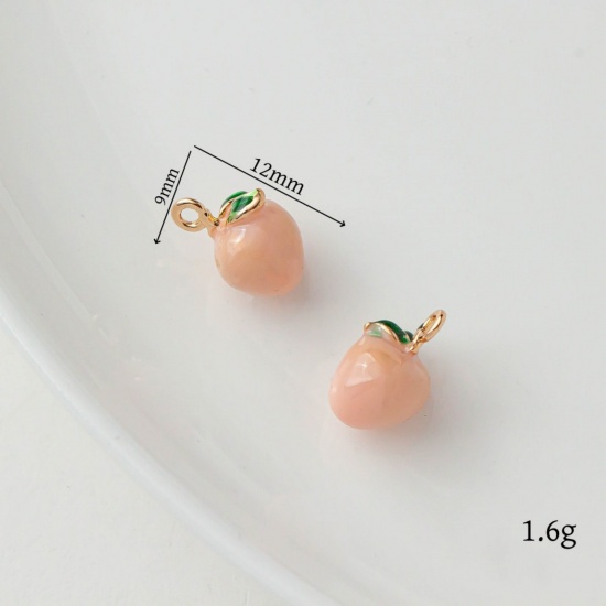 Picture of 2 PCs Brass Charms 18K Gold Plated Light Pink Peach Fruit Enamel