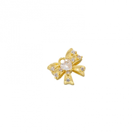 Imagen de 1 Unidad Latón Ropa Colgantes Chapado en Oro de 18K Bowknot Micro Pave Claro Circón Artificial 12mm x 10.5mm