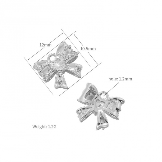 Imagen de 1 Unidad Latón Ropa Colgantes Platino Chapado Bowknot Micro Pave Claro Circón Artificial 12mm x 10.5mm