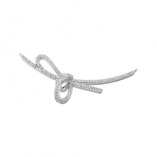 Picture of 1 Piece Brass Clothes Connectors Charms Pendants Platinum Plated Bowknot Micro Pave Clear Cubic Zirconia 4.7cm x 2cm