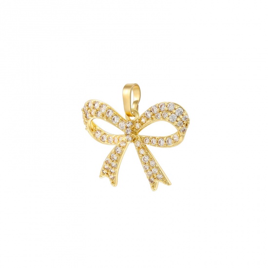 Imagen de 1 Unidad Latón Ropa Colgantes Charms Chapado en Oro de 18K Bowknot Micro Pave Claro Circón Artificial 23mm x 20.5mm