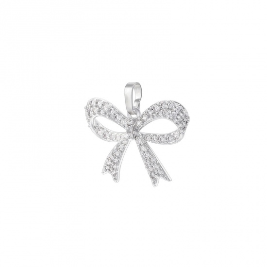 Imagen de 1 Unidad Latón Ropa Colgantes Charms Platino Chapado Bowknot Micro Pave Claro Circón Artificial 23mm x 20.5mm