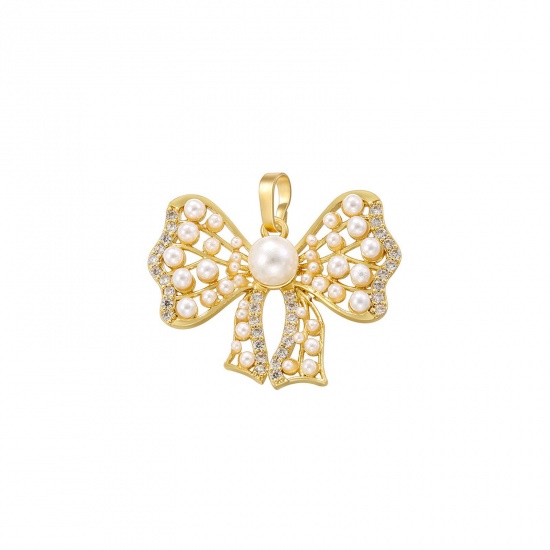 Imagen de 1 Unidad Latón Ropa Colgantes Charms Chapado en Oro de 18K Bowknot Imitación de perla 24.5mm x 23mm