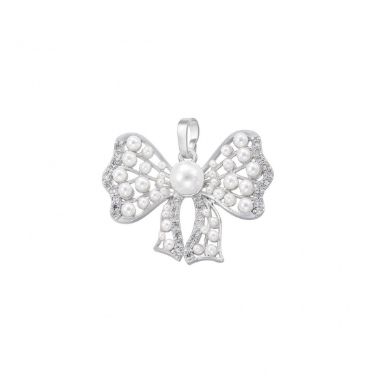 Imagen de 1 Unidad Latón Ropa Colgantes Charms Platino Chapado Bowknot Imitación de perla 24.5mm x 23mm