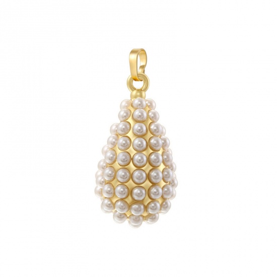 Immagine di 1 Pz Ottone Ciondoli Pendenti Placcato Oro 18K Goccia Imitata Perla 3.6cm x 1.6cm