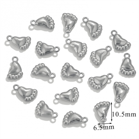 5 個 エコフレンドリー 304ステンレス鋼 ミニ チャーム シルバートーン 足 3D 6.5mm x 10.5mm、 の画像