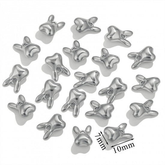 5 個 エコフレンドリー 304ステンレス鋼 ミニ チャーム シルバートーン ウサギ 3D 7mm x 10mm、 の画像