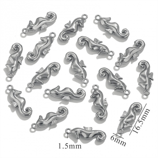 5 個 エコフレンドリー 304ステンレス鋼 ミニ チャーム シルバートーン シーホース 3D 16.5mm x 6mm、 の画像