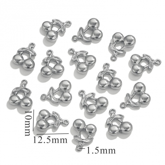 5 個 エコフレンドリー 304ステンレス鋼 ミニ チャーム シルバートーン チェリー 3D 12.5mm x 10mm、 の画像