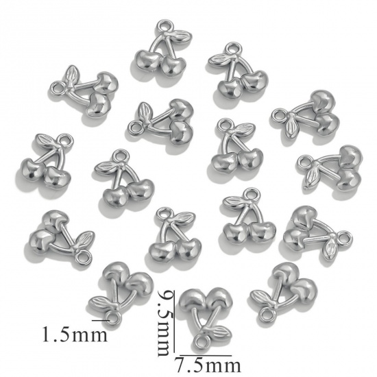 5 個 エコフレンドリー 304ステンレス鋼 ミニ チャーム シルバートーン チェリー 3D 7.5mm x 9.5mm、 の画像
