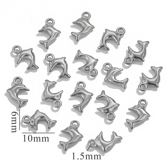 5 個 エコフレンドリー 304ステンレス鋼 ミニ チャーム シルバートーン イルカ 3D 6mm x 10mm、 の画像