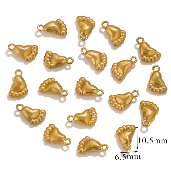 5 個 エコフレンドリー PVD真空メッキ 304ステンレス鋼 ミニ チャーム 金メッキ 足 3D 6.5mm x 10.5mm、 の画像