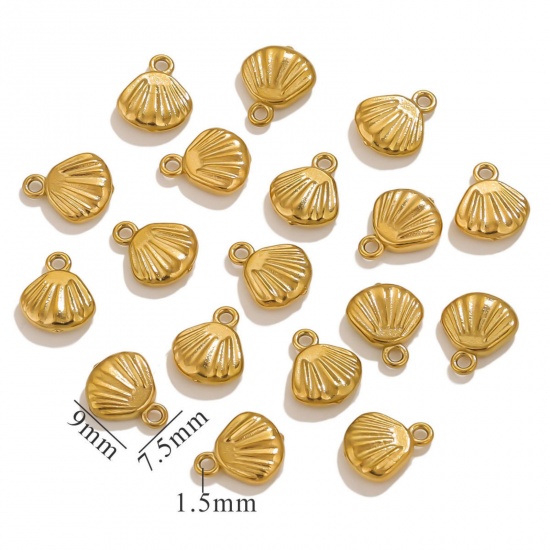 5 個 エコフレンドリー PVD真空メッキ 304ステンレス鋼 ミニ チャーム 金メッキ シェル 3D 7.5mm x 9mm、 の画像