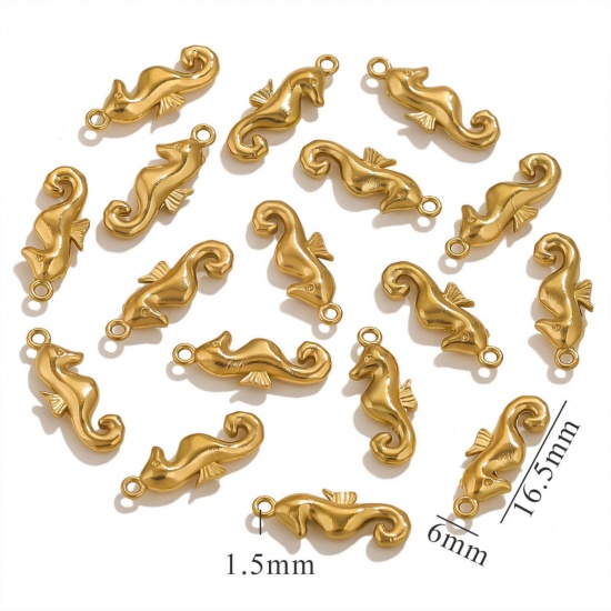5 個 エコフレンドリー PVD真空メッキ 304ステンレス鋼 ミニ チャーム 金メッキ シーホース 3D 16.5mm x 6mm、 の画像