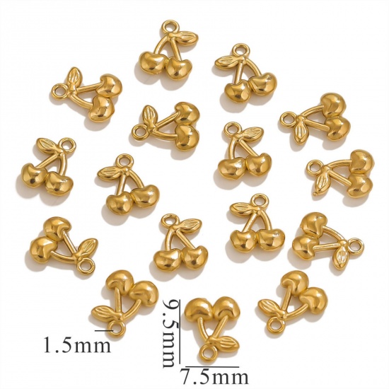 5 個 エコフレンドリー PVD真空メッキ 304ステンレス鋼 ミニ チャーム 金メッキ チェリー 3D 7.5mm x 9.5mm、 の画像