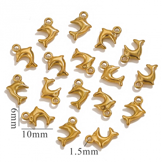 5 個 エコフレンドリー PVD真空メッキ 304ステンレス鋼 ミニ チャーム 金メッキ イルカ 3D 6mm x 10mm、 の画像