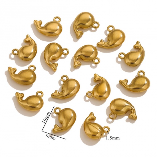 5 個 エコフレンドリー PVD真空メッキ 304ステンレス鋼 ミニ チャーム 金メッキ クジラ 3D 10mm x 9mm、 の画像