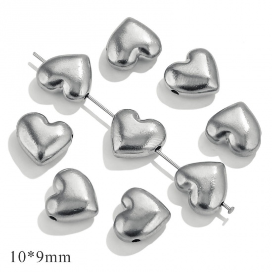 Picture of 10 PCs 304 Stainless Steel Valentine's Day Beads For DIY Jewelry Making Silver Tone Heart 10mm x 9mm, Hole: Approx 1mm