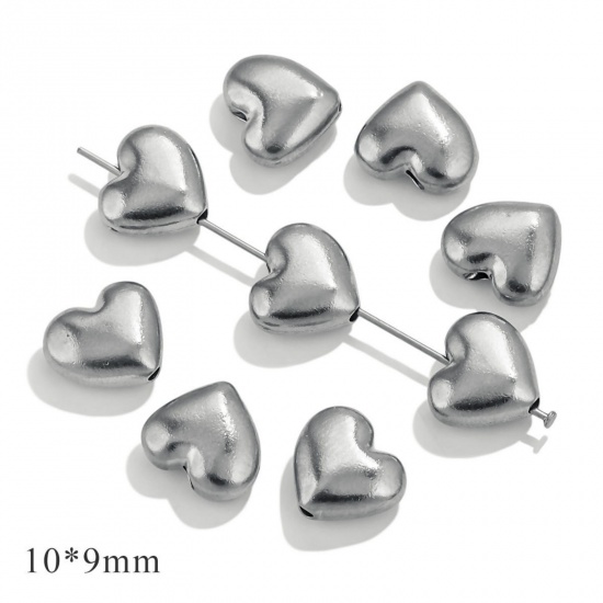 Picture of 10 PCs 304 Stainless Steel Valentine's Day Beads For DIY Jewelry Making Silver Tone Heart 10mm x 9mm, Hole: Approx 1mm