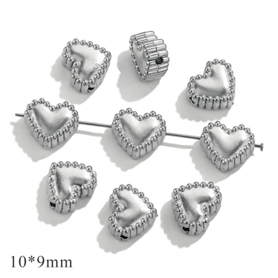 Picture of 10 PCs 304 Stainless Steel Valentine's Day Beads For DIY Jewelry Making Silver Tone Heart 10mm x 9mm, Hole: Approx 1mm