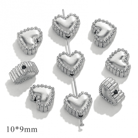 Picture of 10 PCs 304 Stainless Steel Valentine's Day Beads For DIY Jewelry Making Silver Tone Heart 10mm x 9mm, Hole: Approx 1mm