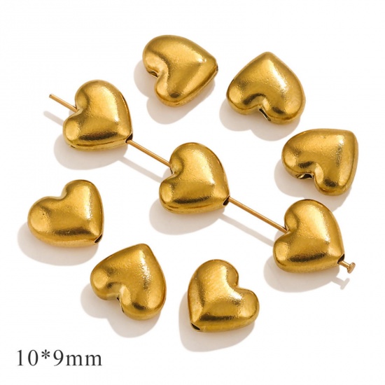 Picture of 10 PCs Eco-friendly PVD Vacuum Plating 304 Stainless Steel Valentine's Day Beads For DIY Jewelry Making Gold Plated Heart 10mm x 9mm, Hole: Approx 1mm