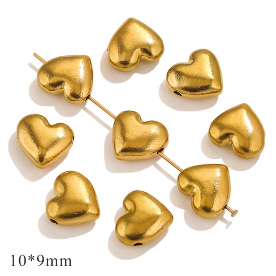 Picture of 10 PCs Eco-friendly PVD Vacuum Plating 304 Stainless Steel Valentine's Day Beads For DIY Jewelry Making Gold Plated Heart 10mm x 9mm, Hole: Approx 1mm
