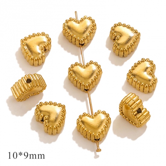Picture of 10 PCs Eco-friendly PVD Vacuum Plating 304 Stainless Steel Valentine's Day Beads For DIY Jewelry Making Gold Plated Heart 10mm x 9mm, Hole: Approx 1mm