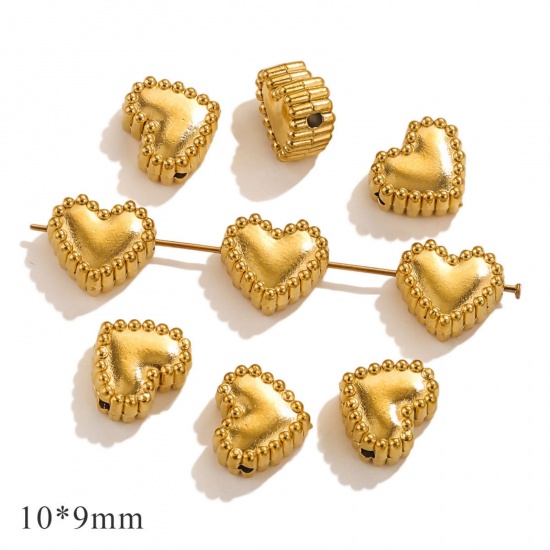 Picture of 10 PCs Eco-friendly PVD Vacuum Plating 304 Stainless Steel Valentine's Day Beads For DIY Jewelry Making Gold Plated Heart 10mm x 9mm, Hole: Approx 1mm