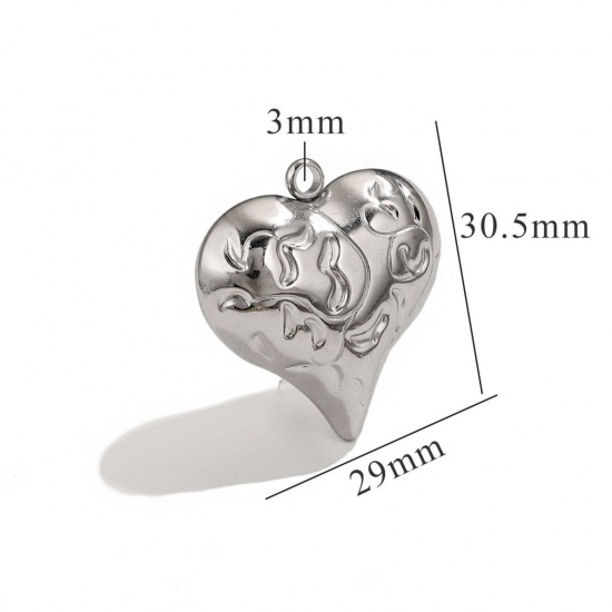 Изображение 1 Piece 304 Stainless Steel Pendants Silver Tone Heart Texture 3D 29mm x 30.5mm