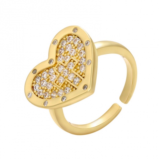 Picture of 1 Piece Brass Religious Open Rings Heart Cross 18K Gold Plated Micro Pave Clear Cubic Zirconia 17mm(US Size 6.5)