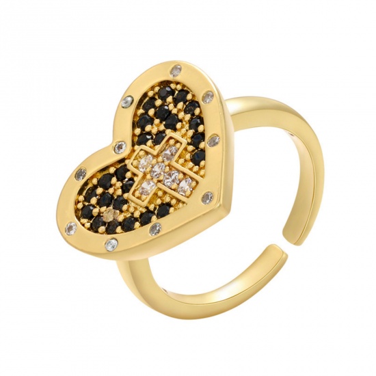 Picture of 1 Piece Brass Religious Open Rings Heart Cross 18K Gold Plated Micro Pave Black Cubic Zirconia 17mm(US Size 6.5)