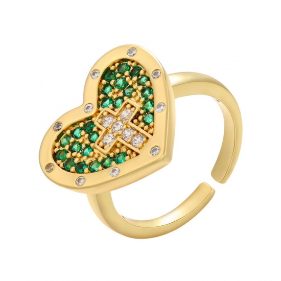 Picture of 1 Piece Brass Religious Open Rings Heart Cross 18K Gold Plated Micro Pave Green Cubic Zirconia 17mm(US Size 6.5)