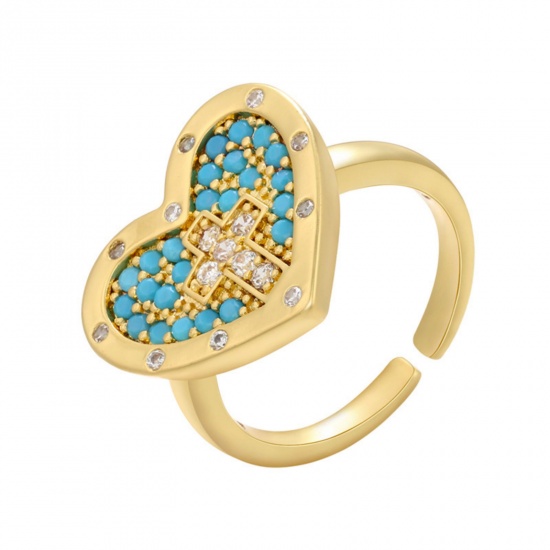 Picture of 1 Piece Brass Religious Open Rings Heart Cross 18K Gold Plated Micro Pave Blue Cubic Zirconia 17mm(US Size 6.5)
