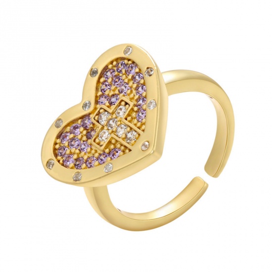 Picture of 1 Piece Brass Religious Open Rings Heart Cross 18K Gold Plated Micro Pave Purple Cubic Zirconia 17mm(US Size 6.5)
