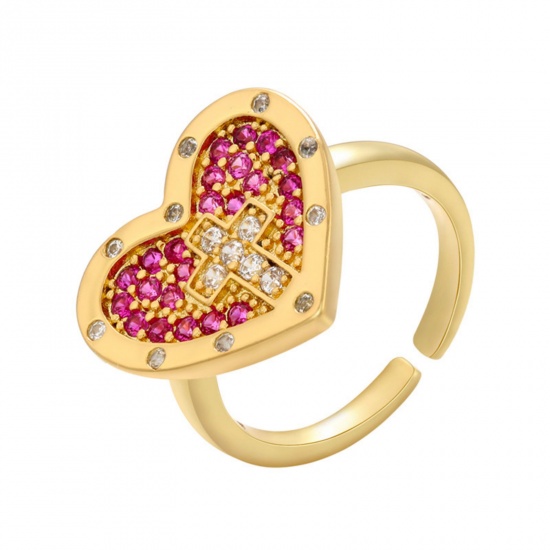 Picture of 1 Piece Brass Religious Open Rings Heart Cross 18K Gold Plated Micro Pave Fuchsia Cubic Zirconia 17mm(US Size 6.5)